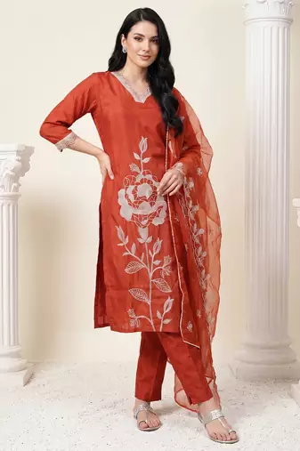 Orange embroidered straight kurta trousers with dupatta set