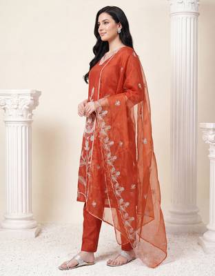 Orange embroidered straight kurta trousers with dupatta set 4