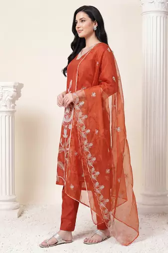 Orange embroidered straight kurta trousers with dupatta set