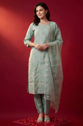 Sea green embroidered straight kurta trousers with dupatta set