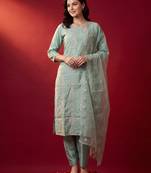 Sea green embroidered straight kurta trousers with dupatta set