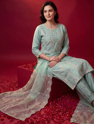 Sea green embroidered straight kurta trousers with dupatta set 2