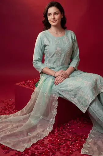 Sea green embroidered straight kurta trousers with dupatta set