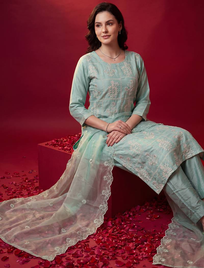 Sea green embroidered straight kurta trousers with dupatta set