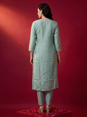 Sea green embroidered straight kurta trousers with dupatta set 3