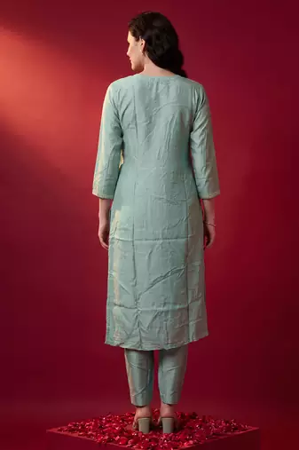 Sea green embroidered straight kurta trousers with dupatta set