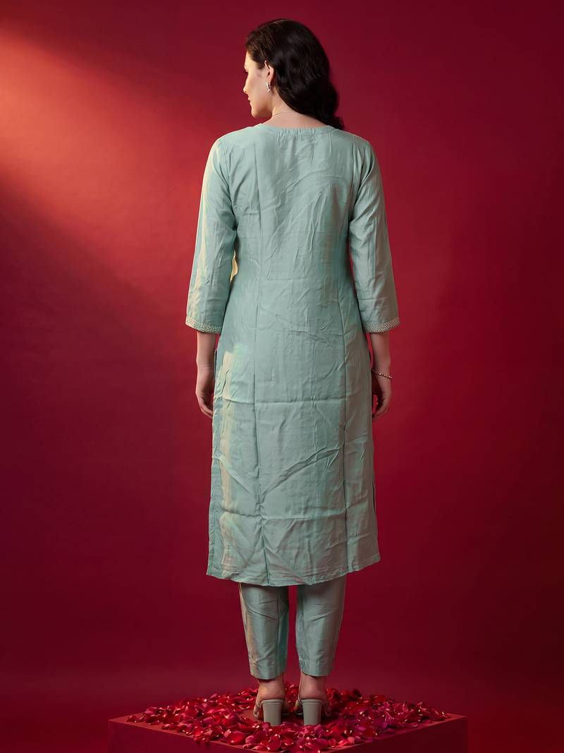 Sea green embroidered straight kurta trousers with dupatta set