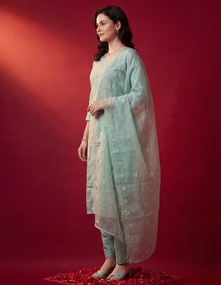 Sea green embroidered straight kurta trousers with dupatta set 4