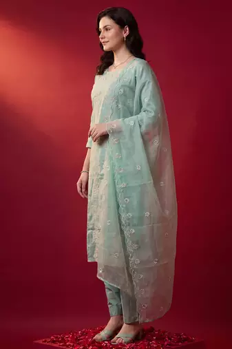 Sea green embroidered straight kurta trousers with dupatta set