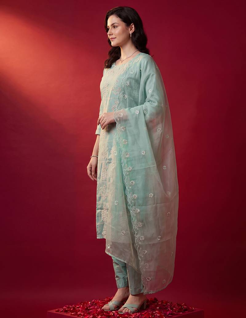 Sea green embroidered straight kurta trousers with dupatta set