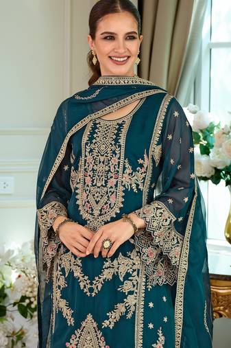 Teal embroidered straight kurta trousers with dupatta set