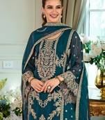 Teal embroidered straight kurta trousers with dupatta set