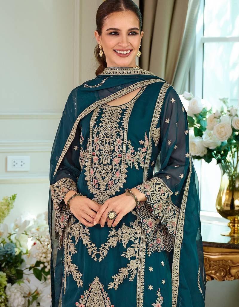 Teal embroidered straight kurta trousers with dupatta set