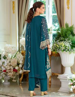 Teal embroidered straight kurta trousers with dupatta set 2