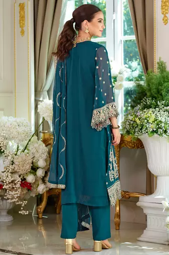 Teal embroidered straight kurta trousers with dupatta set