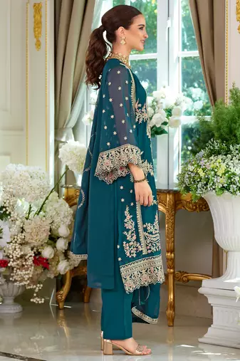 Teal embroidered straight kurta trousers with dupatta set