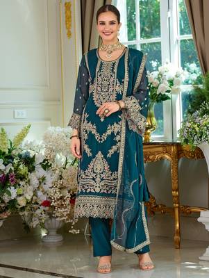 Teal embroidered straight kurta trousers with dupatta set 4