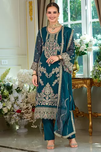 Teal embroidered straight kurta trousers with dupatta set