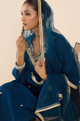 Teal embroidered straight kurta trousers with dupatta set