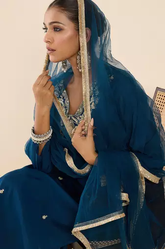 Teal embroidered straight kurta trousers with dupatta set