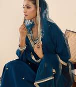 Teal embroidered straight kurta trousers with dupatta set