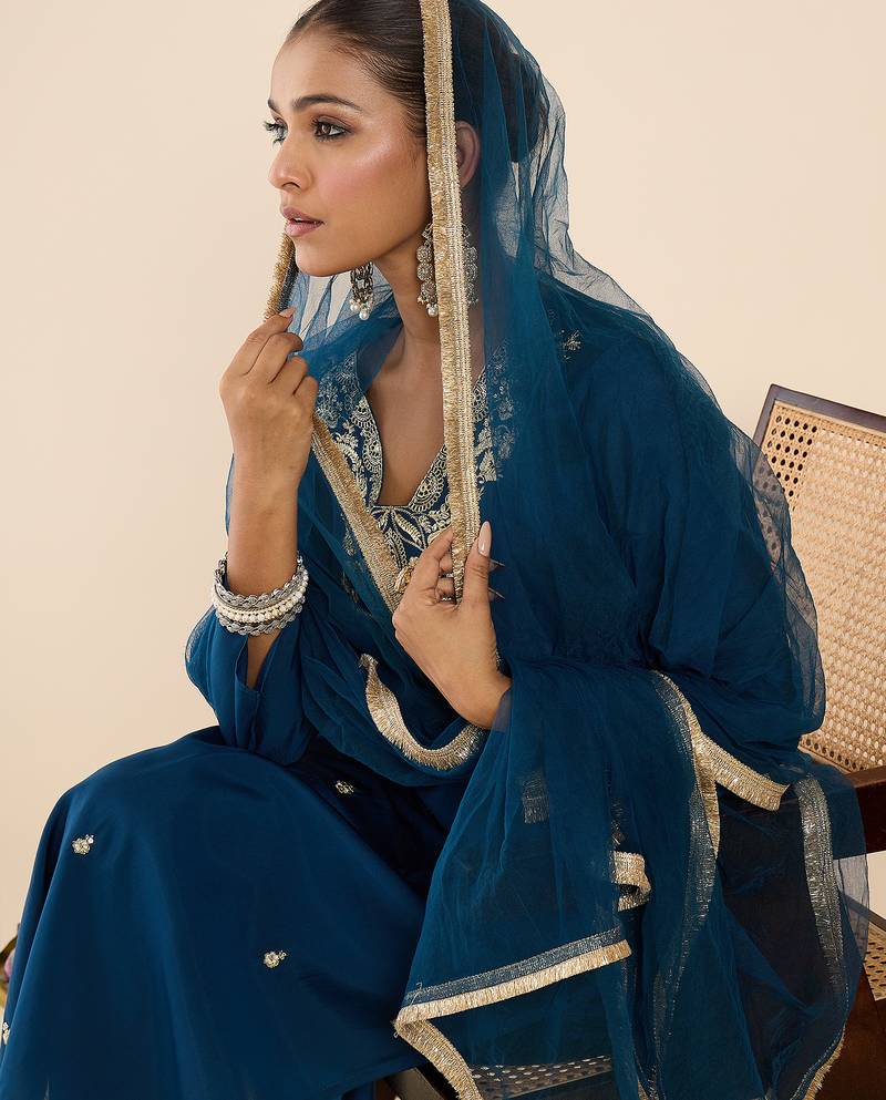 Teal embroidered straight kurta trousers with dupatta set