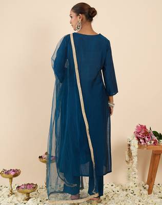 Teal embroidered straight kurta trousers with dupatta set 2