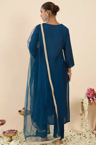 Teal embroidered straight kurta trousers with dupatta set