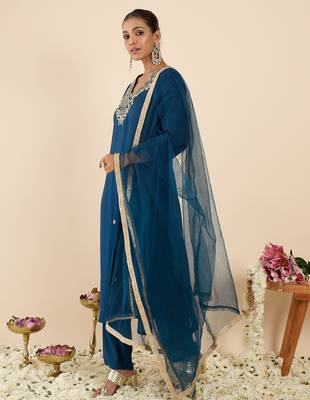 Teal embroidered straight kurta trousers with dupatta set 3