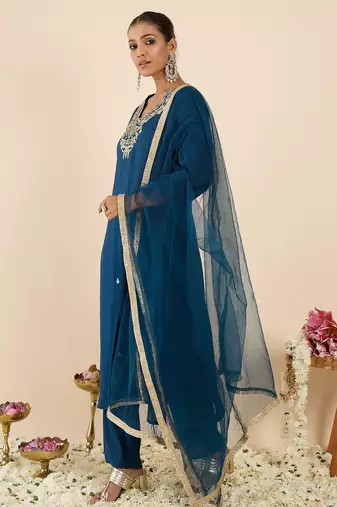 Teal embroidered straight kurta trousers with dupatta set