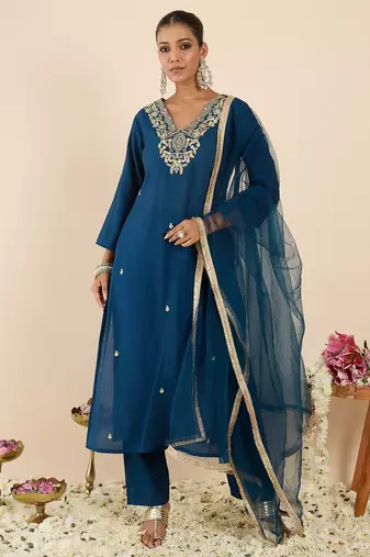 Teal embroidered straight kurta trousers with dupatta set