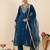 Teal embroidered straight kurta trousers with dupatta set