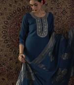 Teal embroidered straight kurta trousers with dupatta set