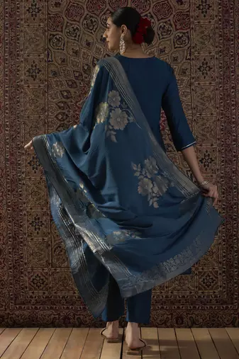 Teal embroidered straight kurta trousers with dupatta set