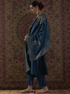 Teal embroidered straight kurta trousers with dupatta set 3