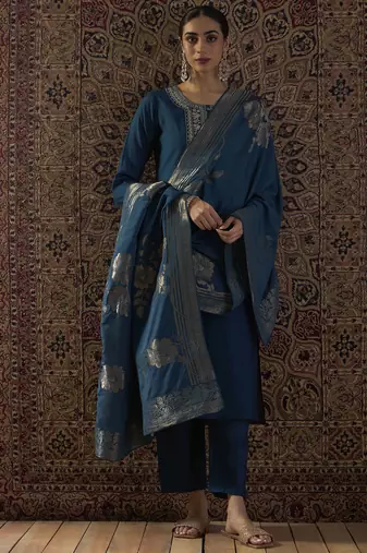 Teal embroidered straight kurta trousers with dupatta set