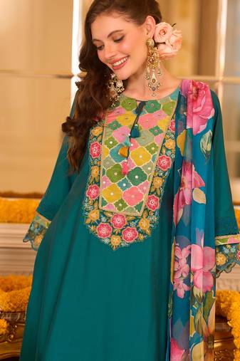 Teal embroidered a-line kurta trousers with dupatta set