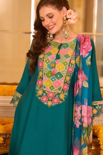 Teal embroidered a-line kurta trousers with dupatta set