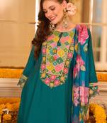 Teal embroidered a-line kurta trousers with dupatta set