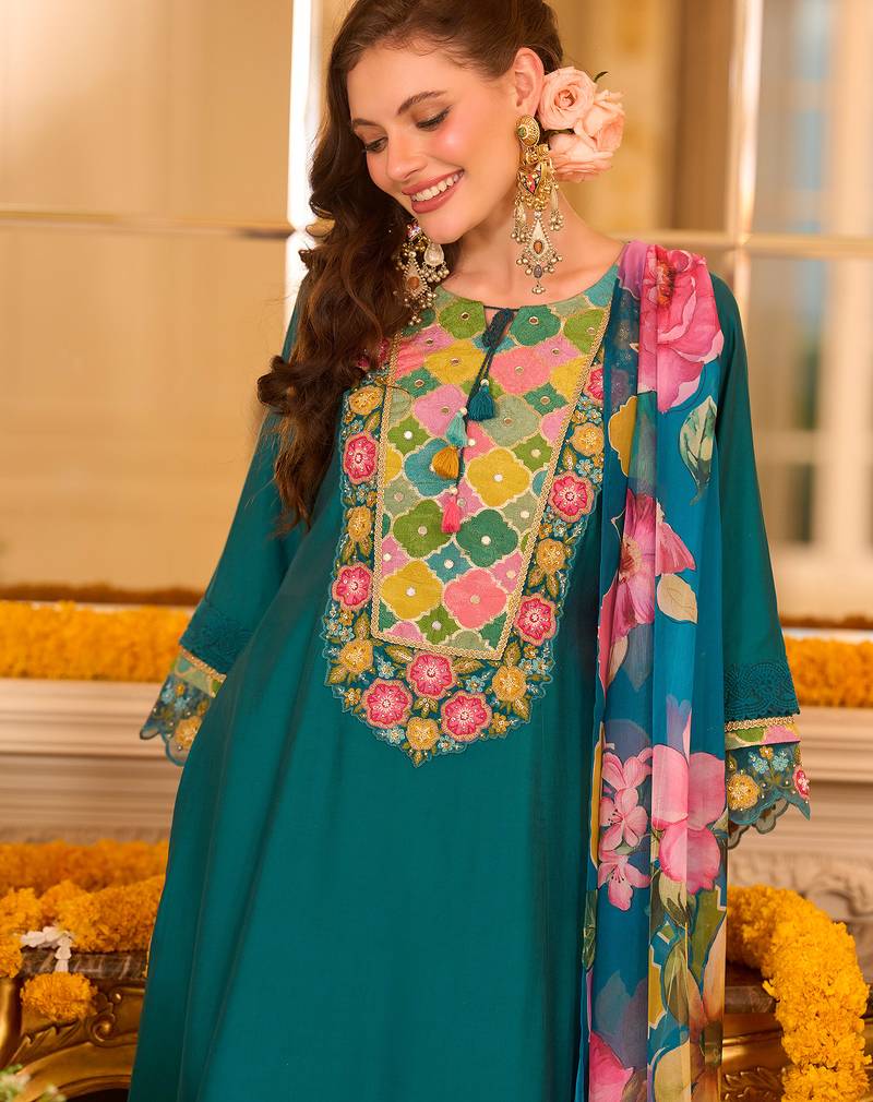 Teal embroidered a-line kurta trousers with dupatta set