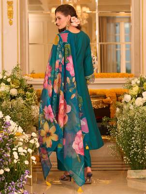 Teal embroidered a-line kurta trousers with dupatta set 2