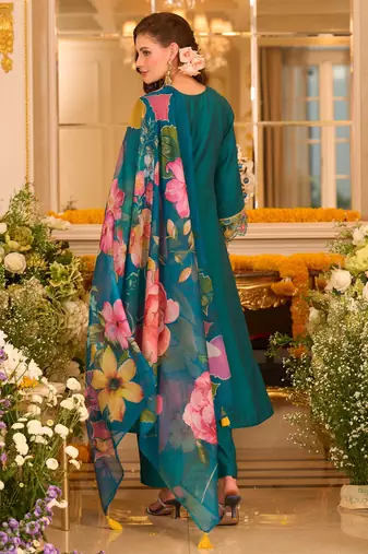 Teal embroidered a-line kurta trousers with dupatta set
