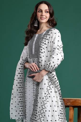 White woven design straight kurta trousers with dupatta set