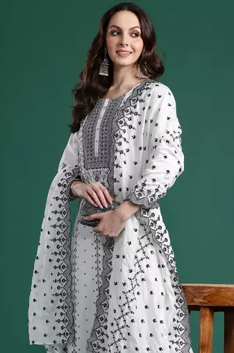 White woven design straight kurta trousers with dupatta set