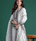 White woven design straight kurta trousers with dupatta set