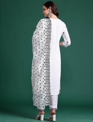 White woven design straight kurta trousers with dupatta set 2