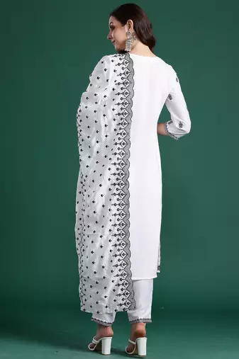 White woven design straight kurta trousers with dupatta set