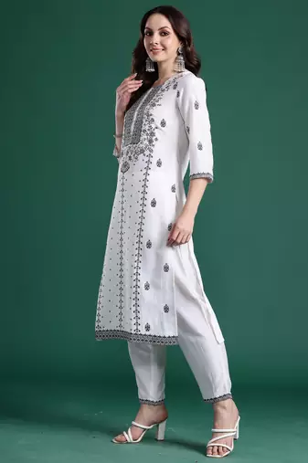 White woven design straight kurta trousers with dupatta set