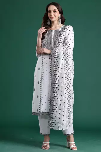 White woven design straight kurta trousers with dupatta set
