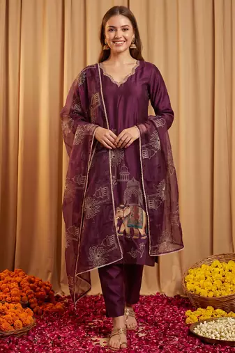 Burgundy embroidered straight kurta trousers with dupatta set